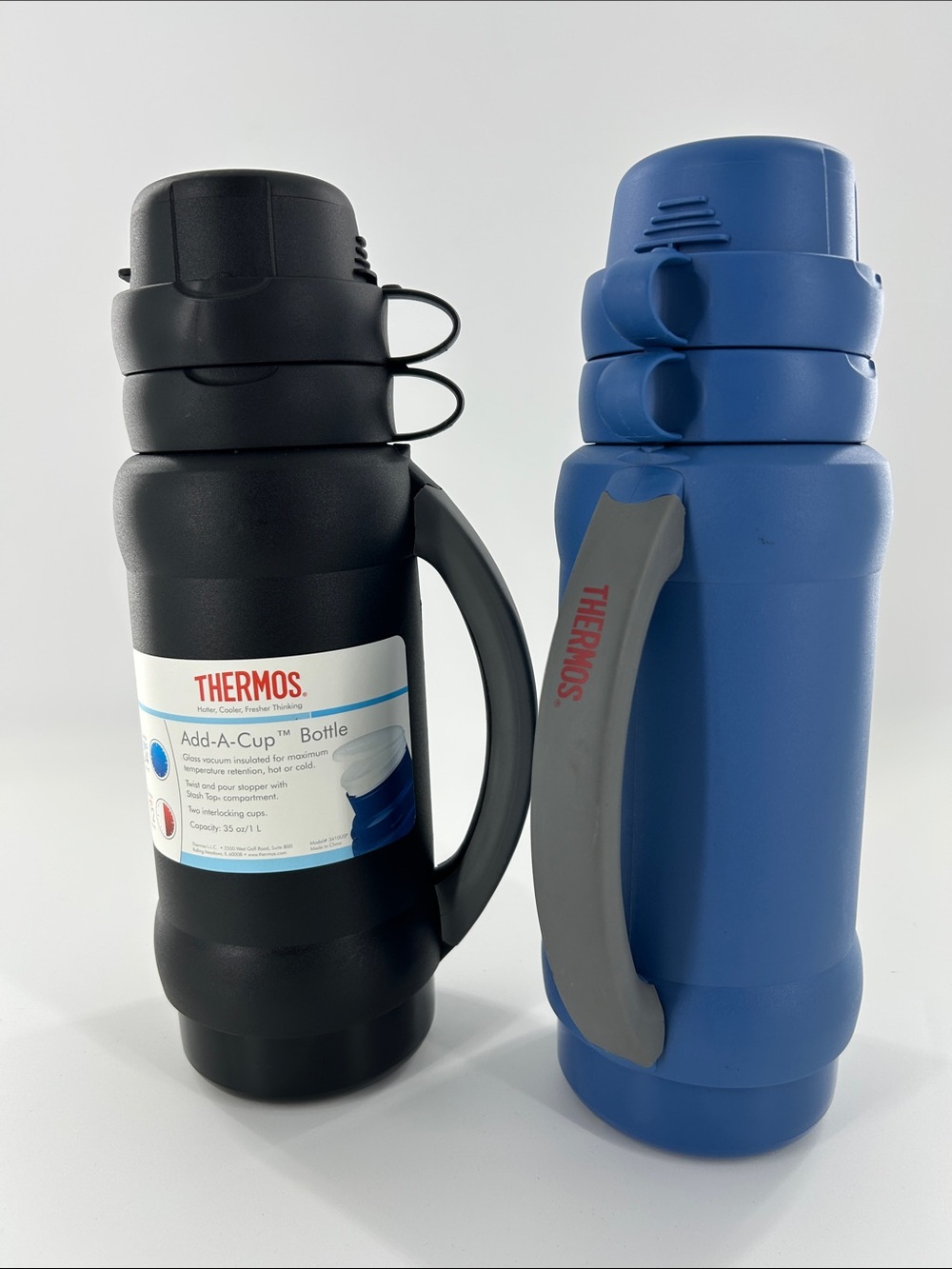 Thermos Add-A-Cup Vacuum Insulated Beverage Bottle 1L 35oz Set of 2 Black Blue